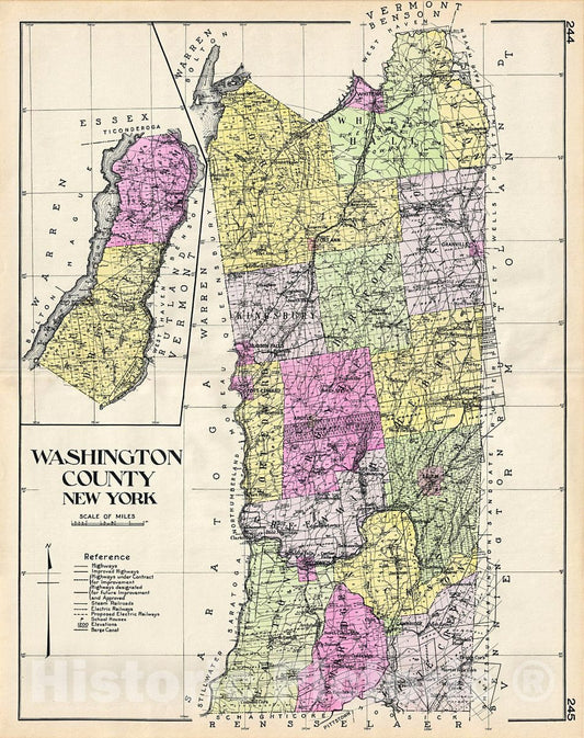 Historic Map : Century Map of Washington County, New York, 1912, Vintage Wall Art
