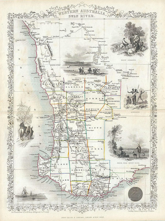 Historic Map : Tallis and Rapkin Map of Western Australia, 1851, Vintage Wall Art