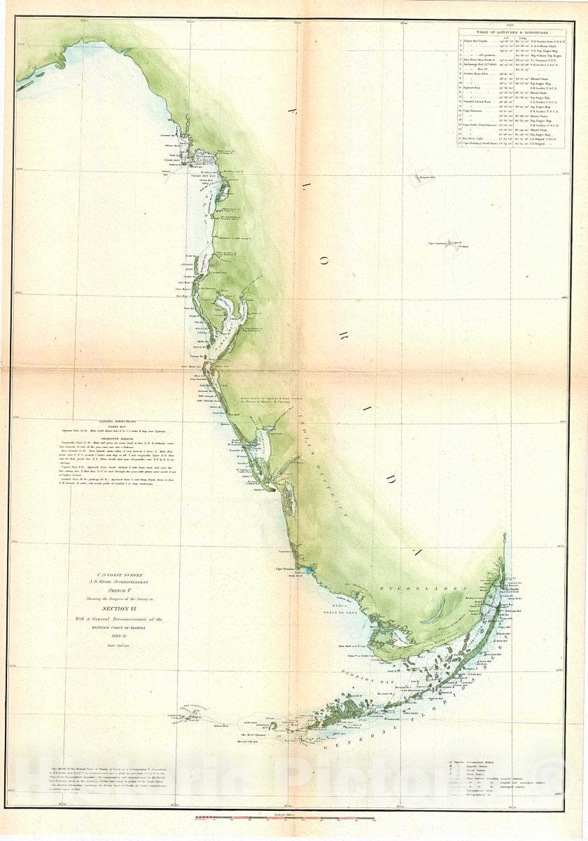 Historic Map : U.S. Coast Survey Chart or Map of Florida, Version 2, 1851, Vintage Wall Art