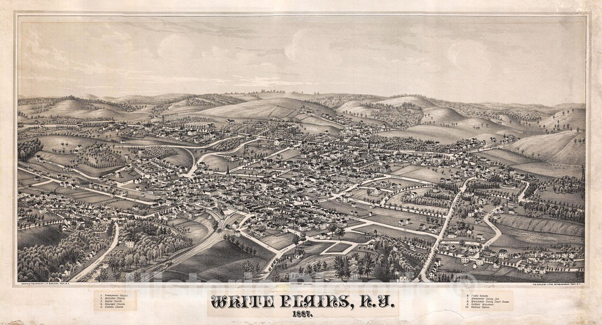 Historic Map : Burleigh Bird'sEye View of White Plains, New York, 1887, Vintage Wall Art