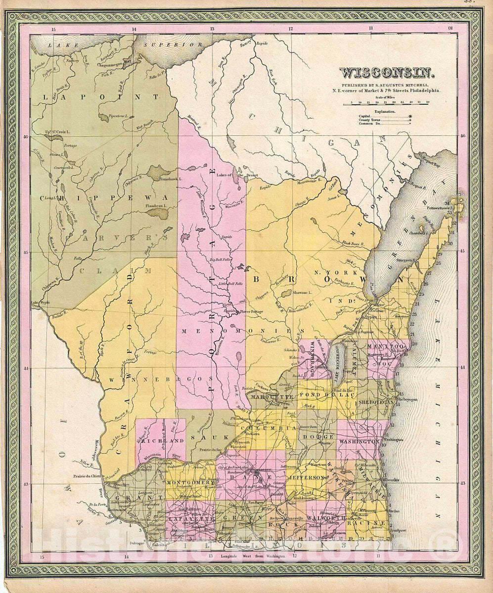 Historic Map : Mitchell Map of Wisconsin, 1849, Vintage Wall Art
