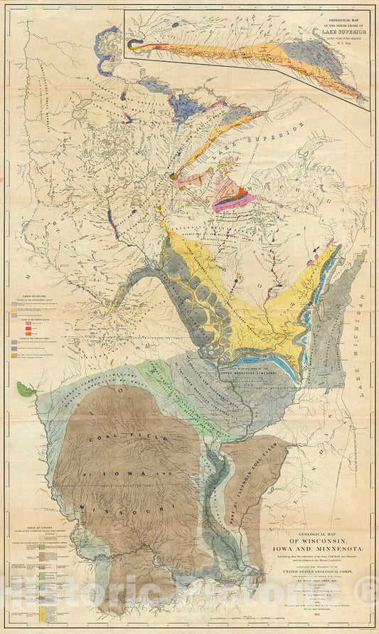 Historic Map : U. S. Geological Corps Geological Antique Map of Wisconsin, Iowa and Minnesota, 1851, Vintage Wall Art