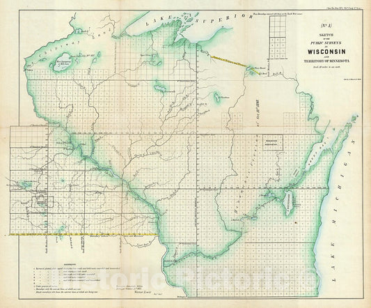Historic Map : Public Survey Map of Wisconsin and Minnesota, 1855, Vintage Wall Art