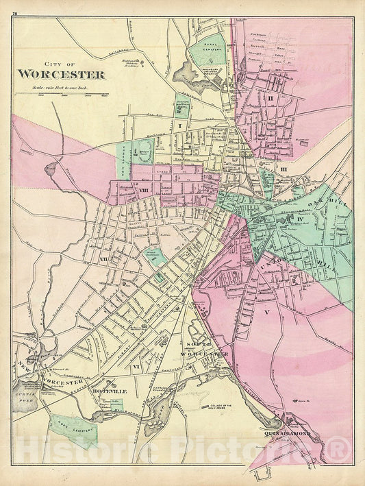 Historic Map : Walling and Gray Map of Worchester, Massachusetts, 1871, Vintage Wall Art