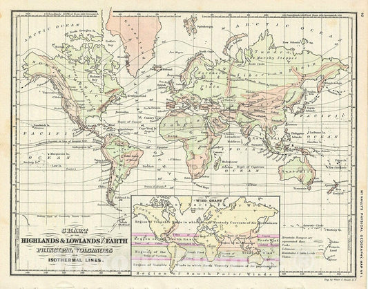 Historic Map : Rand McNally Map of The Earth's Highlands and Lowlands, 1866, Vintage Wall Art