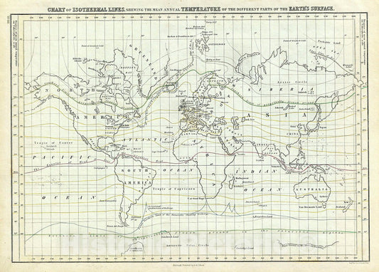 Historic Map : Black Map or Chart of The World's Isothermal Lines, 1851, Vintage Wall Art
