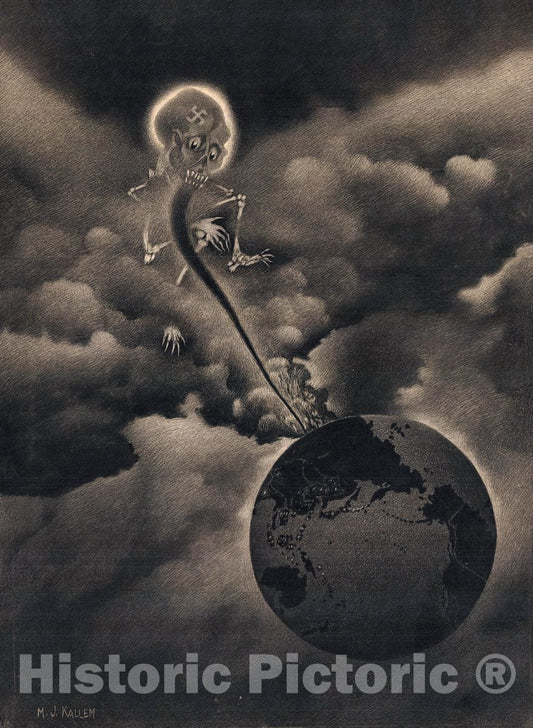 Historic Map : M. H. Kallem WWII Scratchwork Drawing of The World Being Attacked by Naziism, 1940, Vintage Wall Art