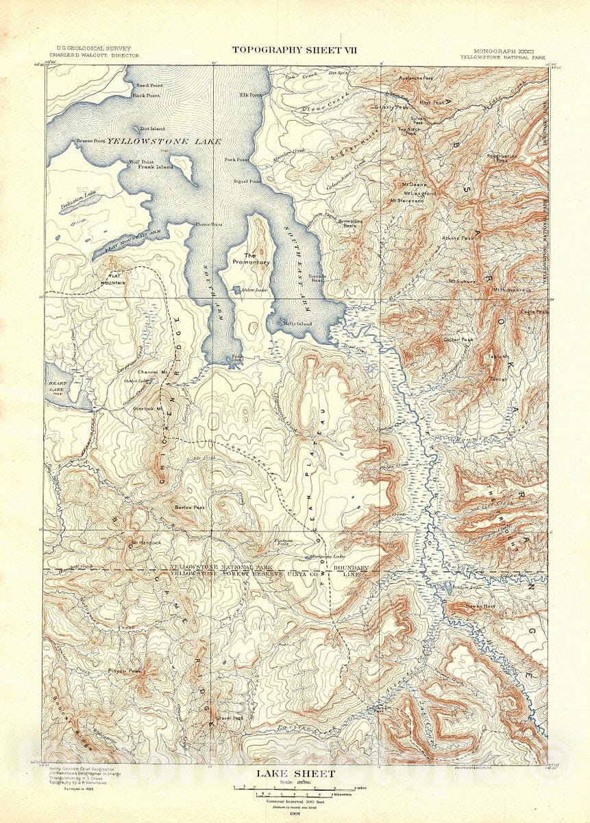 Historic Map : USGS Topographic Map of Yellowstone Lake, Yellowstone National Park, 1904, Vintage Wall Art