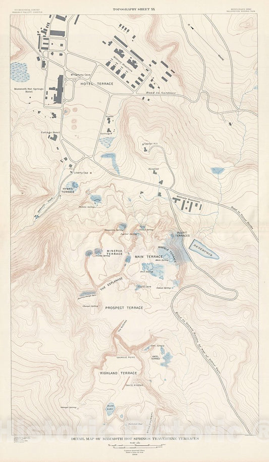 Historic Map : USGS Topographic Antique Map of Mammoth Springs Travertine Terraces, Yellowstone National Park, 1904, Vintage Wall Art