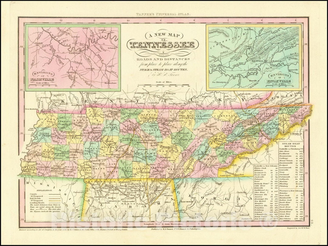 Historic Map : A New Tennessee with its Roads & Distances from palce to place along the Stage & Steamboat Routes.By H.S. Tanner, 1839, Vintage Wall Art