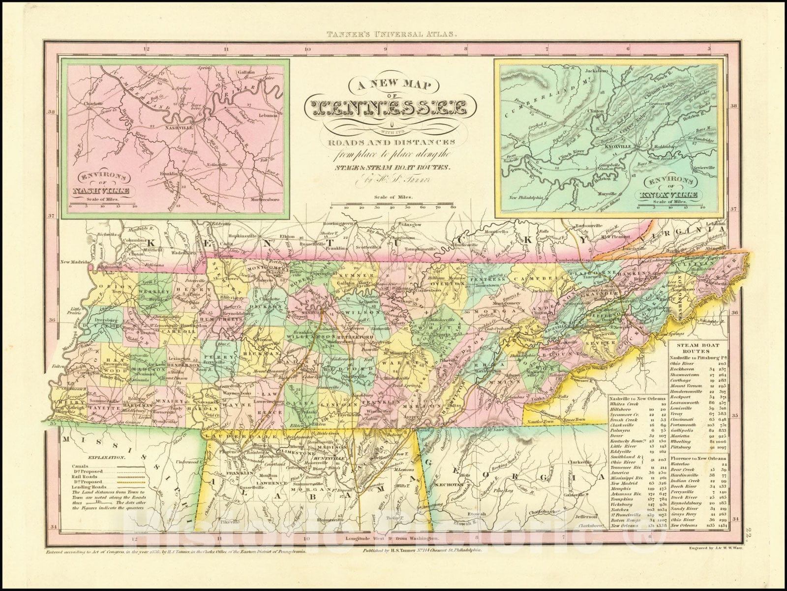 Historic Map : A New Tennessee with its Roads & Distances from palce to place along the Stage & Steamboat Routes.By H.S. Tanner, 1839, Vintage Wall Art