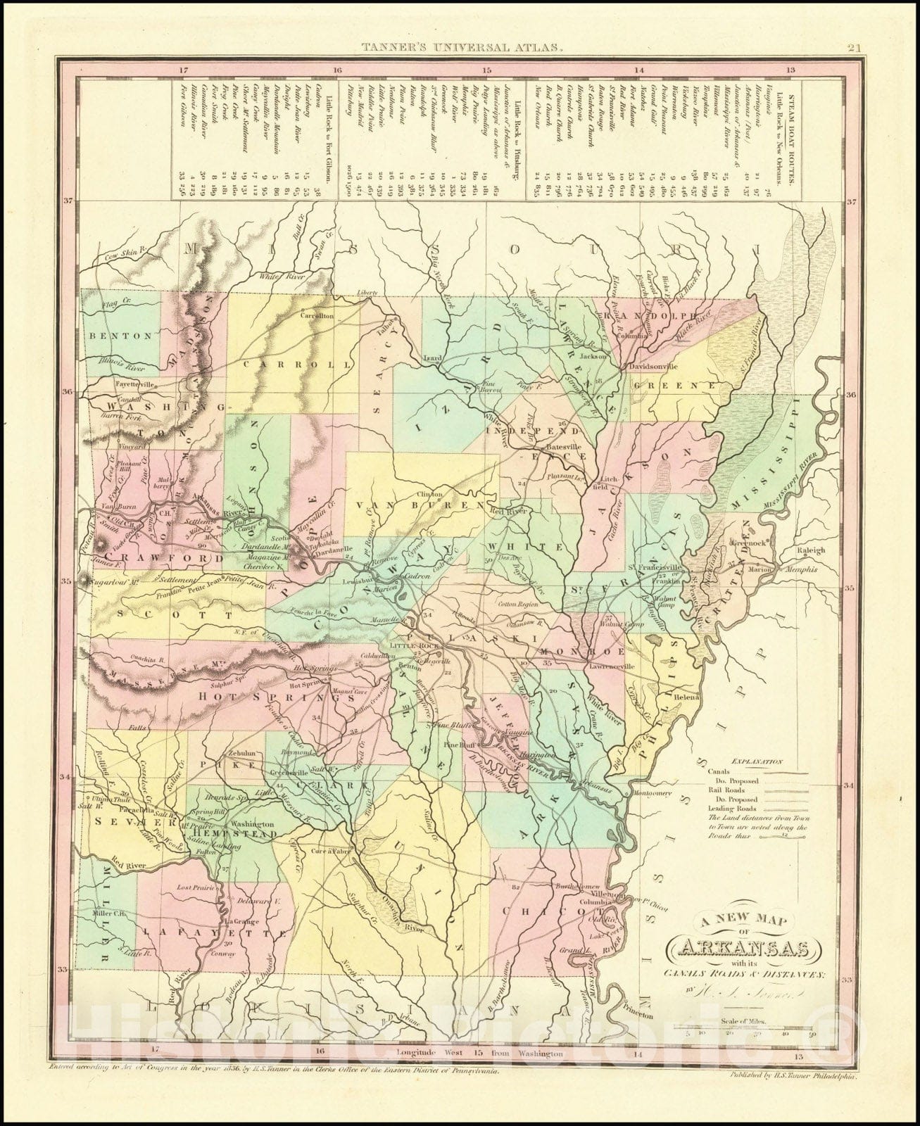 Historic Map : A New Arkansas with its Canals Roads & Distances, 1836, Vintage Wall Art