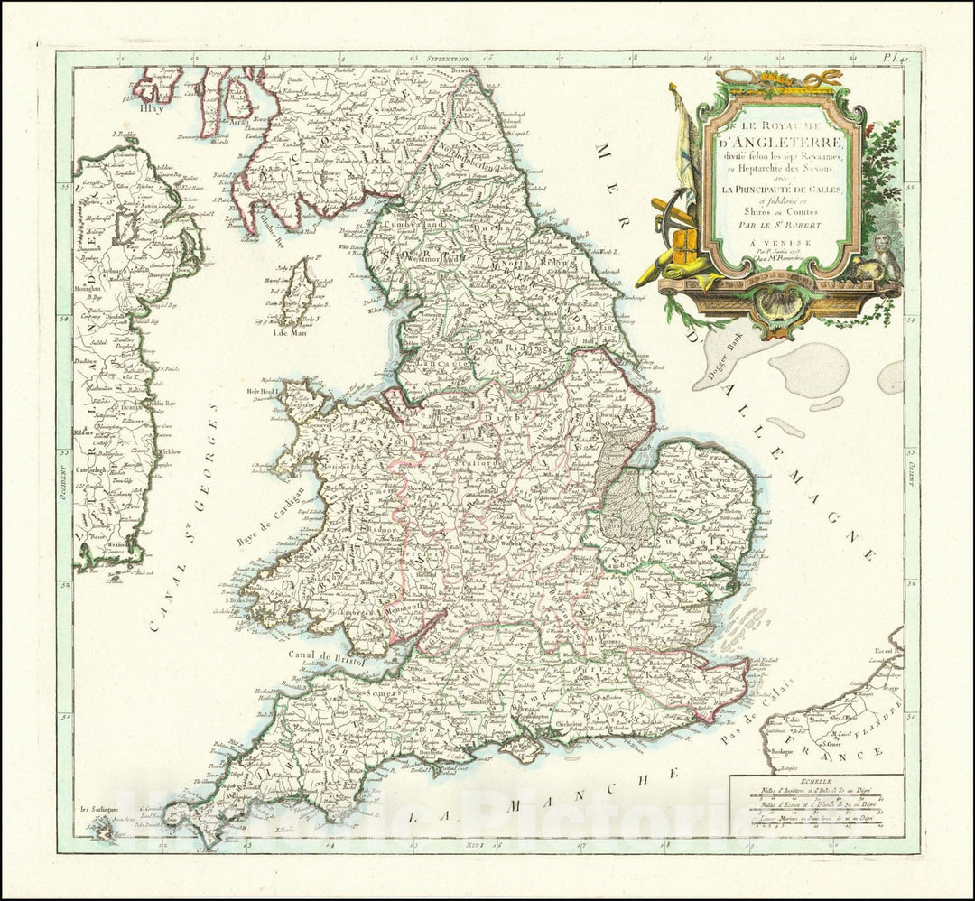 Historic Map : Le Royaume D'Angleterre, divise selon les sept Royaumes ou Heptrachie des Saxons, avec La Principaute De Galles, et subdivisie en Shires ou Comtes, 1778, 1778, Vintage Wall Art