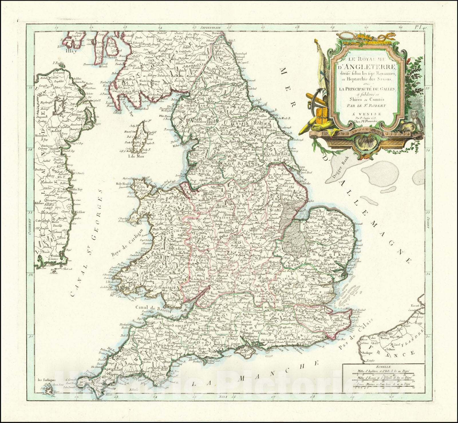 Historic Map : Le Royaume D'Angleterre, divise selon les sept Royaumes ou Heptrachie des Saxons, avec La Principaute De Galles, et subdivisie en Shires ou Comtes, 1778, 1778, Vintage Wall Art