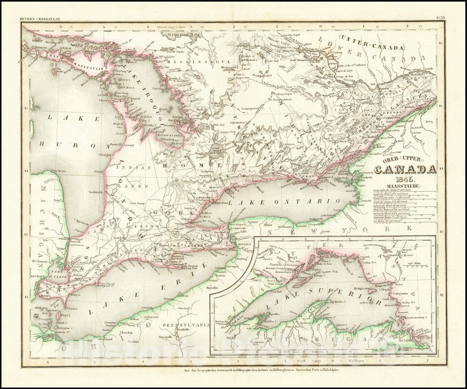 Historic Map : Ober-(Upper) Canada 1845 , 1845, Vintage Wall Art