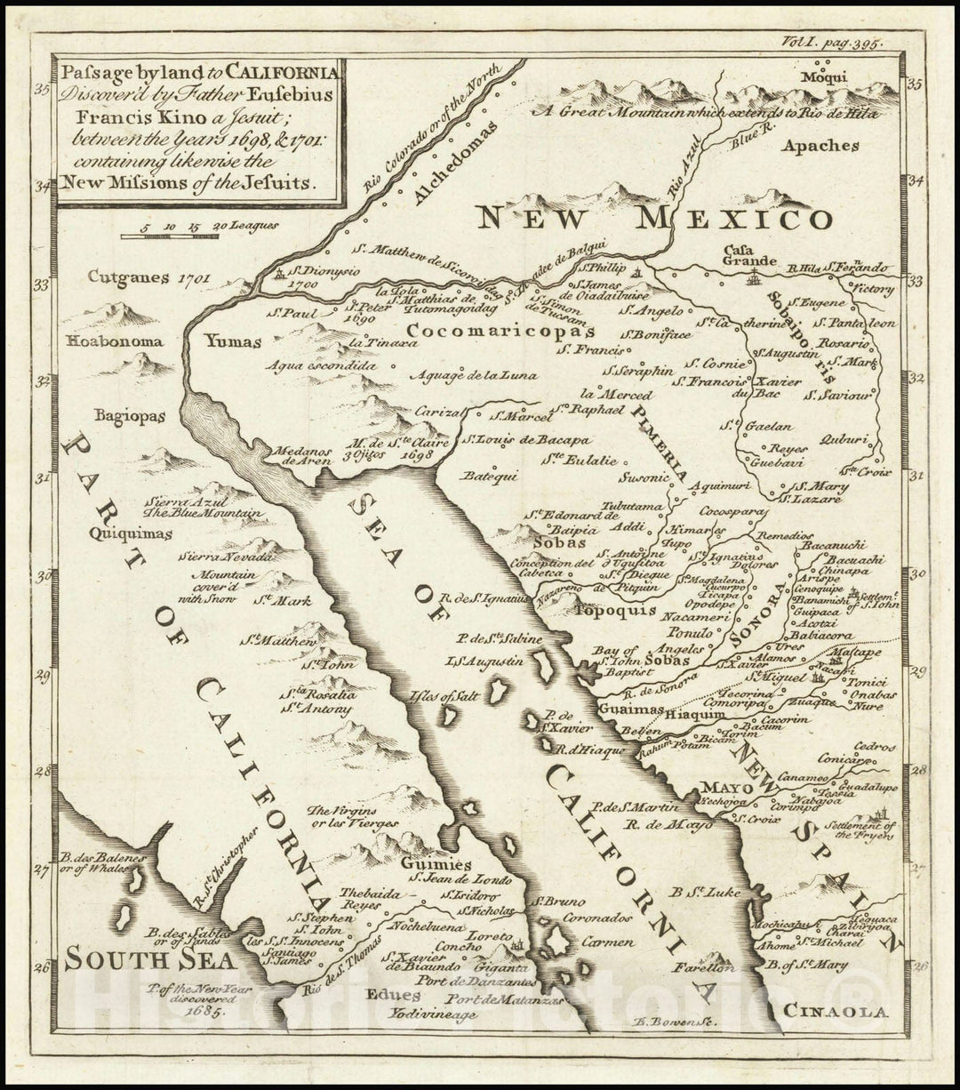 Historic Map : Passage by land to California Discover'd by Father Eusebius Francis Kino a Jesuit; between the Years 1698 & 1701; containing likewise the New Missions of the Jesuits, 1742, Vintage Wall Art