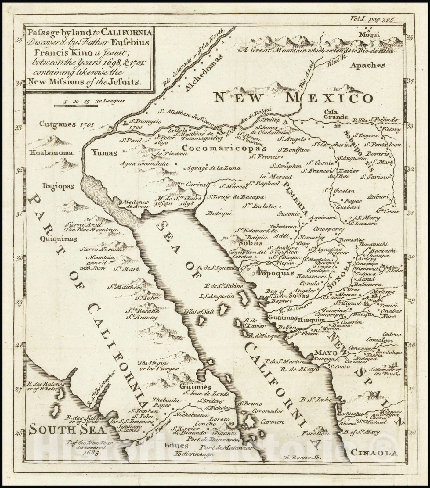 Historic Map : Passage by land to California Discover'd by Father Eusebius Francis Kino a Jesuit; between the Years 1698 & 1701; containing likewise the New Missions of the Jesuits, 1742, Vintage Wall Art