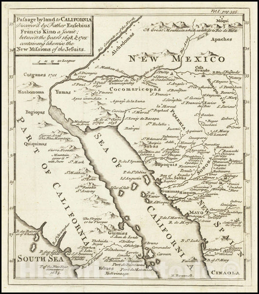 Historic Map : Passage by land to California Discover'd by Father Eusebius Francis Kino a Jesuit; between the Years 1698 & 1701; containing likewise the New Missions of the Jesuits, 1742, Vintage Wall Art