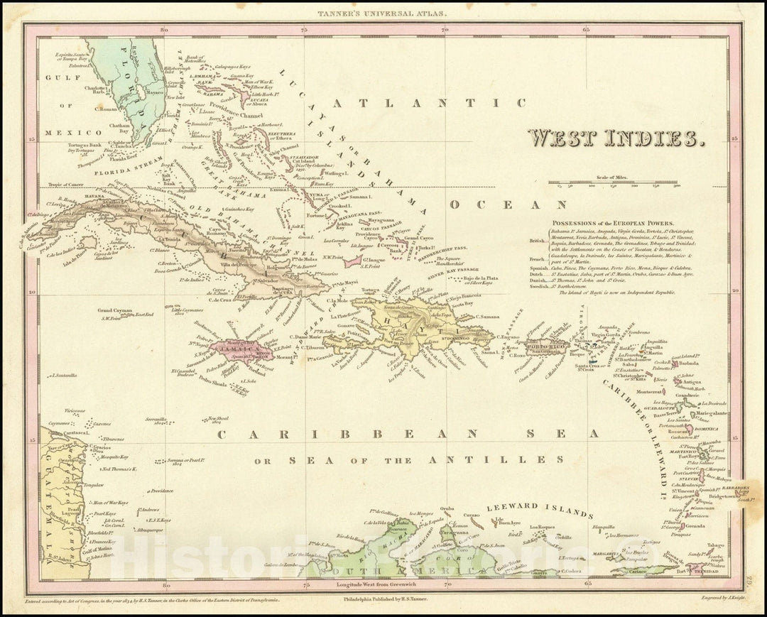 Historic Map : West Indies, 1834, Vintage Wall Art
