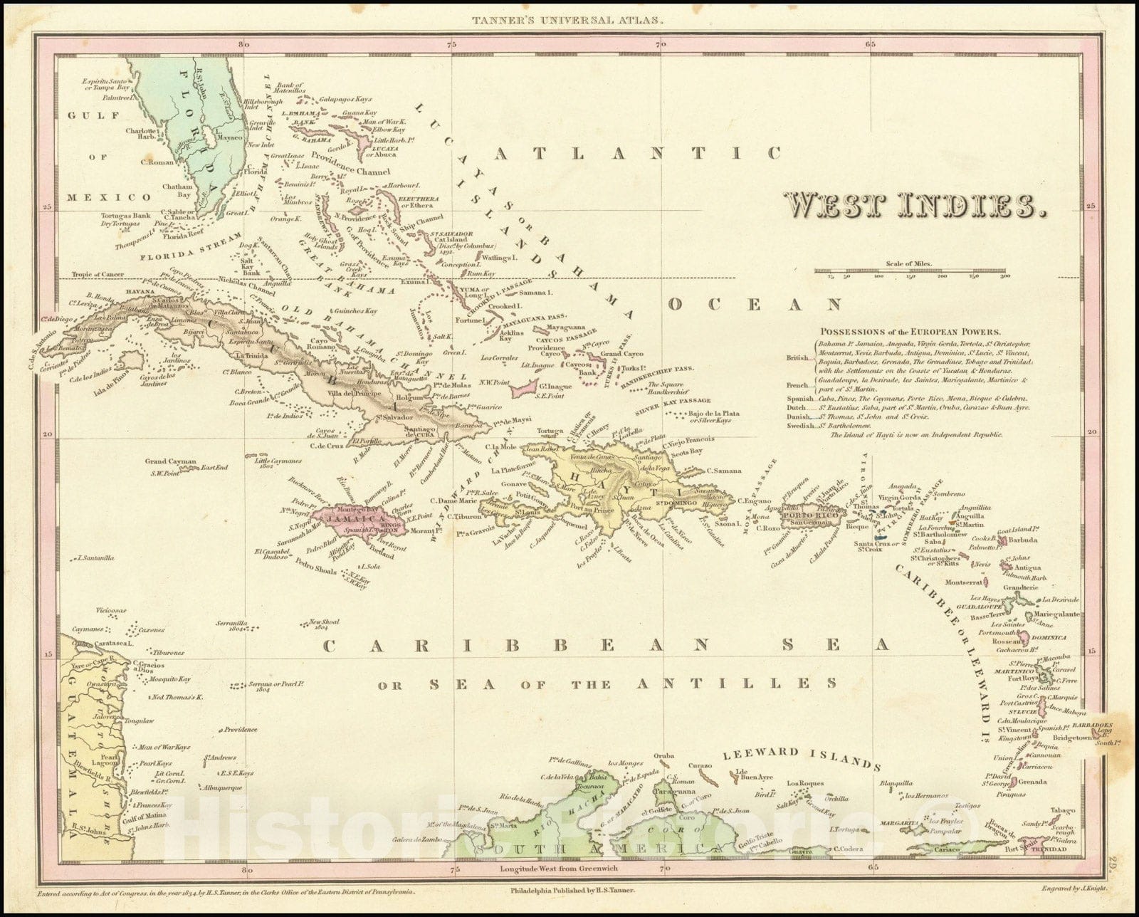 Historic Map : West Indies, 1834, Vintage Wall Art