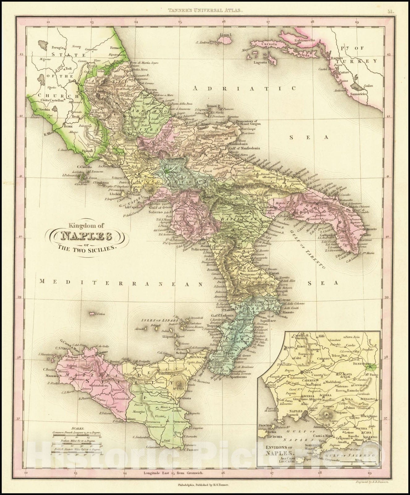 Historic Map : Kingdom of Naples or The Two Sicilies, 1836, Vintage Wall Art