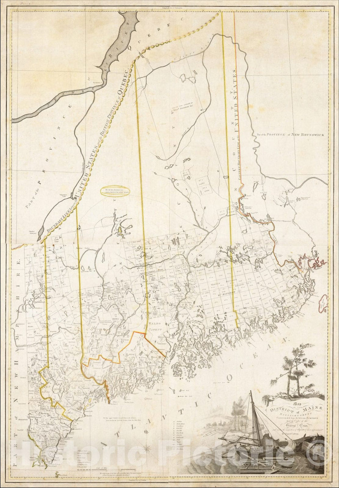 Historic Map : District of Maine Massachusetts Compiled From Actual Surveys made by Order of the General Court and under the inpsection of Agents of their appointment.By Osgood Carleton, 1802, Vintage Wall Art