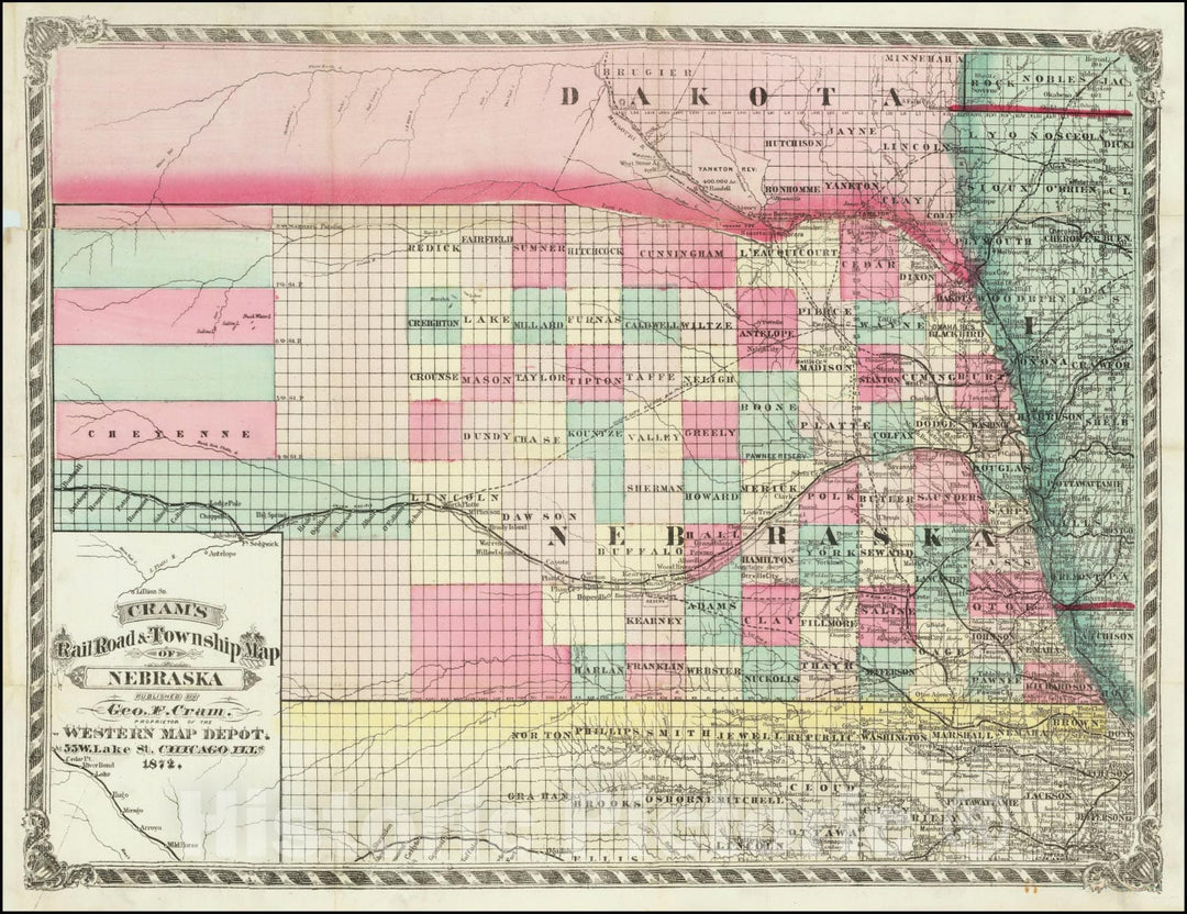 Historic Map : Cram's Rail Road & Township Nebraska. Published By Geo. F. Cram Proprietor of the Western Map Depo, 1872, Vintage Wall Art