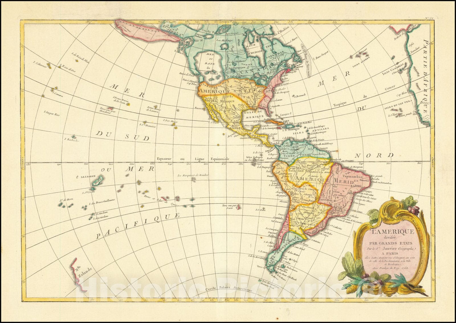 Historic Map : L'Amerique divisee Par Grands Etats, 1762 , 1762, Vintage Wall Art