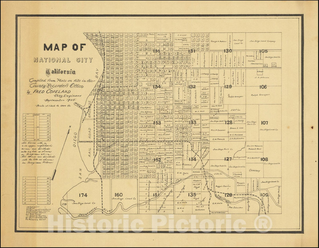 Historic Map : National City California Compiled from Plats on file in the County Recorder's Office Copeland City Engineer..., 1905, Vintage Wall Art