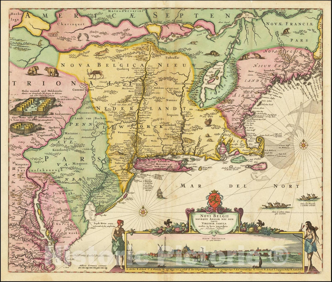 Historic Map : Novi Belgii Novaeque Angliae Nec Non partis Virginiae Tabula multis in locis emendata,  1656, Vintage Wall Art