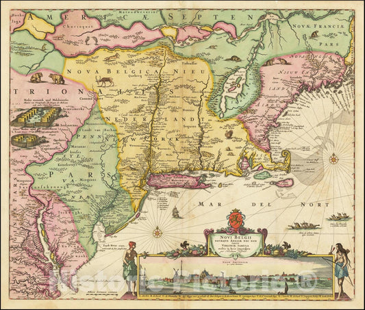 Historic Map : Novi Belgii Novaeque Angliae Nec Non partis Virginiae Tabula multis in locis emendata,  1656, Vintage Wall Art