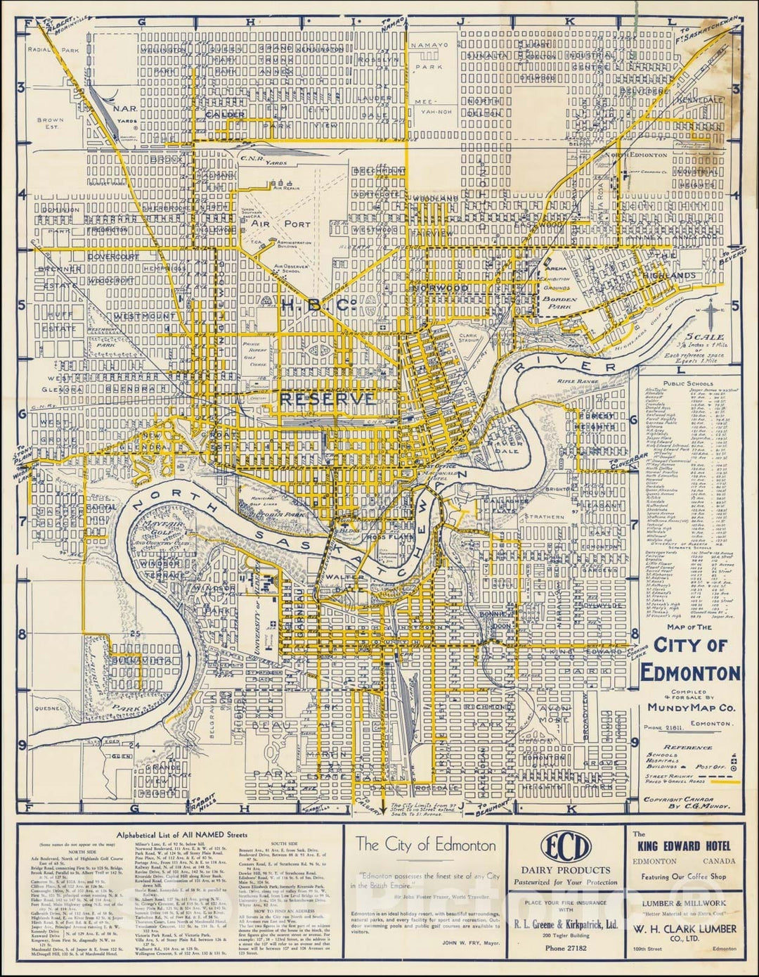 Historic Map : City of Edmonton Compiled & For Sale By Mundy Map Co. , New City of Edmonton, Showing Paved and Gravelled Roads and how to find your way, 1940, Vintage Wall Art