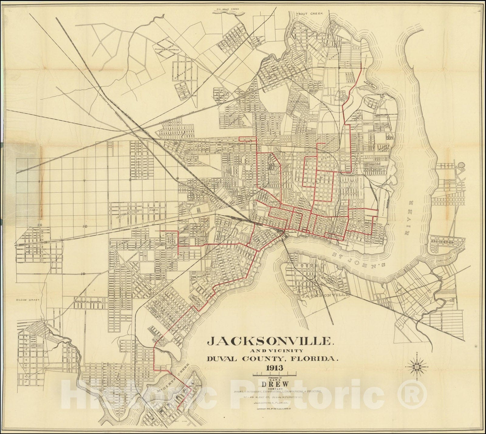 Historic Map : Jacksonville.And Vicinity Duval County, Florida.1913., 1913, Vintage Wall Art
