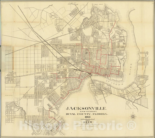 Historic Map : Jacksonville.And Vicinity Duval County, Florida.1913., 1913, Vintage Wall Art