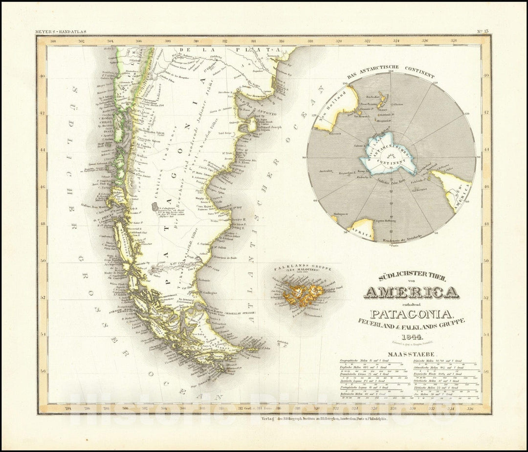 Historic Map : Sudlichter Theil von America enthaltend Patagonia, Feuerland, & Falklands Gruppe.1844, 1844, Vintage Wall Art