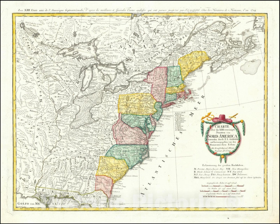 Historic Map : Charte uber die XIII vereinigte Staaten von Nord-America Entworfen duch F.L. Gussefeld, Ao 1784, 1784, Vintage Wall Art