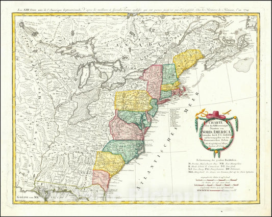 Historic Map : Charte uber die XIII vereinigte Staaten von Nord-America Entworfen duch F.L. Gussefeld, Ao 1784, 1784, Vintage Wall Art