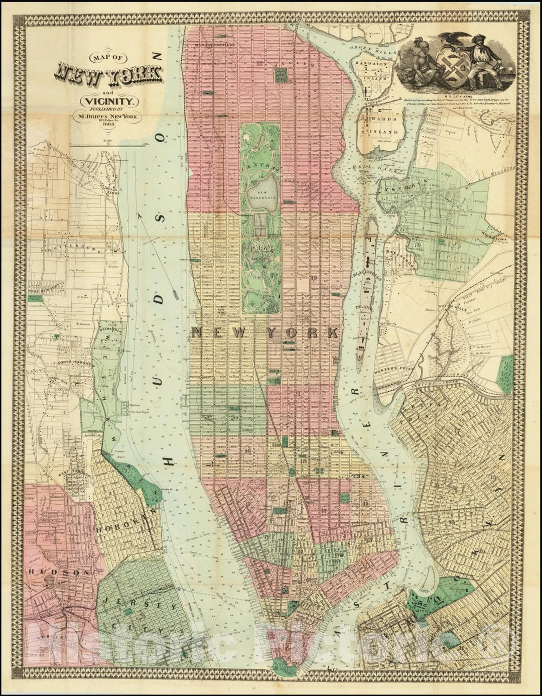 Historic Map : New York and Vicinity, 1863 , 1863, Vintage Wall Art