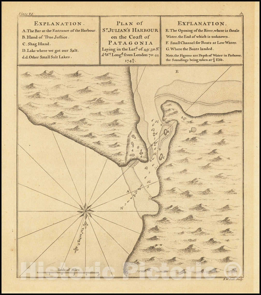 Historic Map : Plan of St. Julian's Harbour on the Coast of Patagonia,  1748, Vintage Wall Art