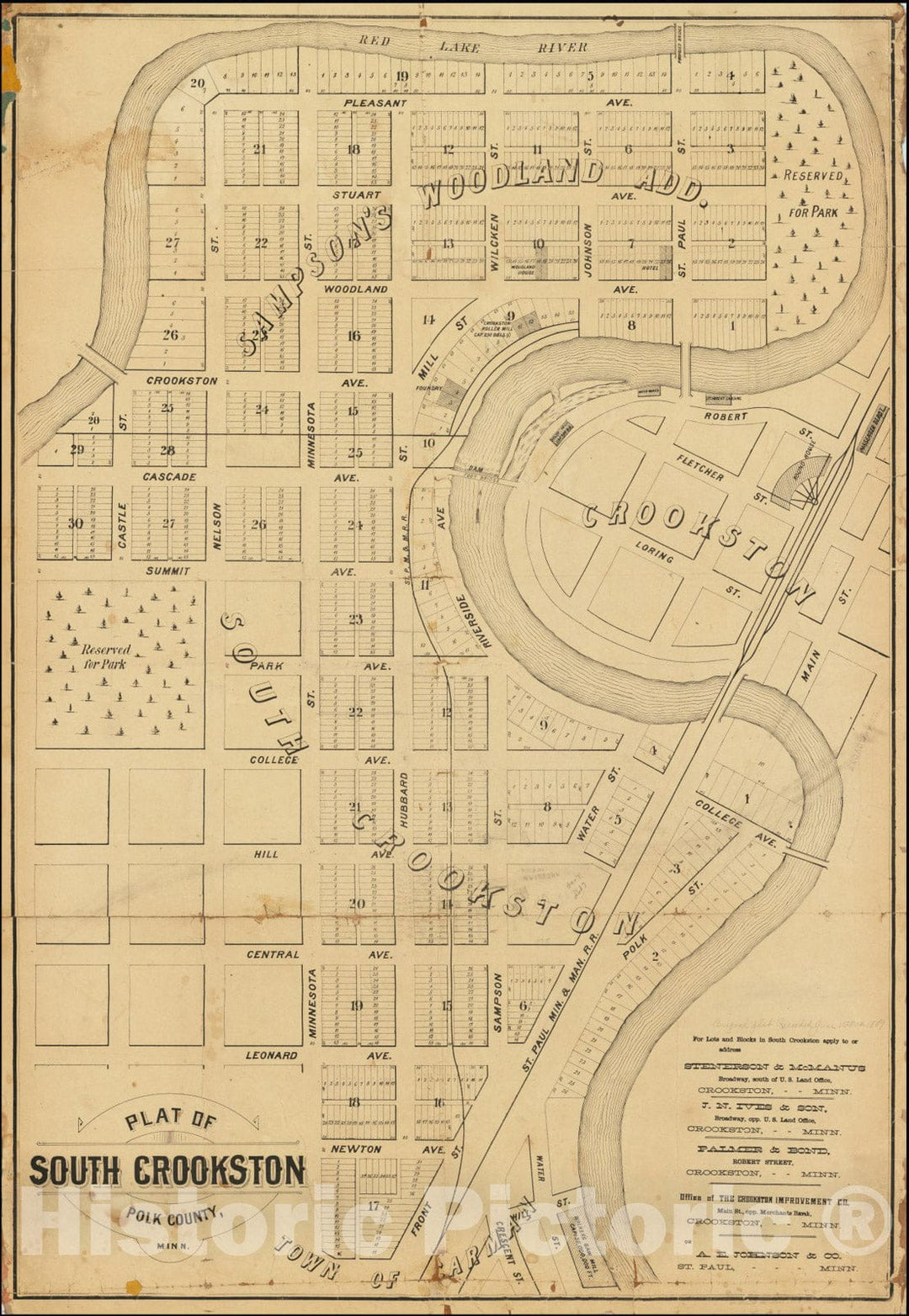 Historic Map : Plat of South Crookston Polk County, Minn., 1887, Vintage Wall Art