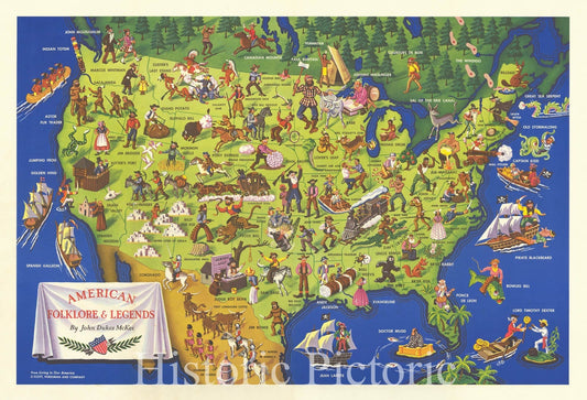 Historic Map : American Folklore & Legends By John Dukes McKee, 1950, Vintage Wall Art