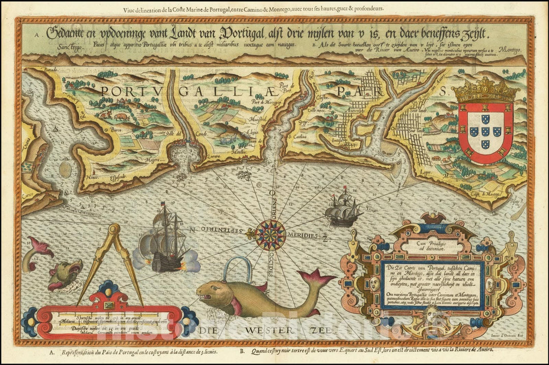 Historic Map : Die Zee Caerte van Portugal, tusschen Camino en Montego, alsoe dat landt all daer in Syin ghedaente,, 1583, Vintage Wall Art