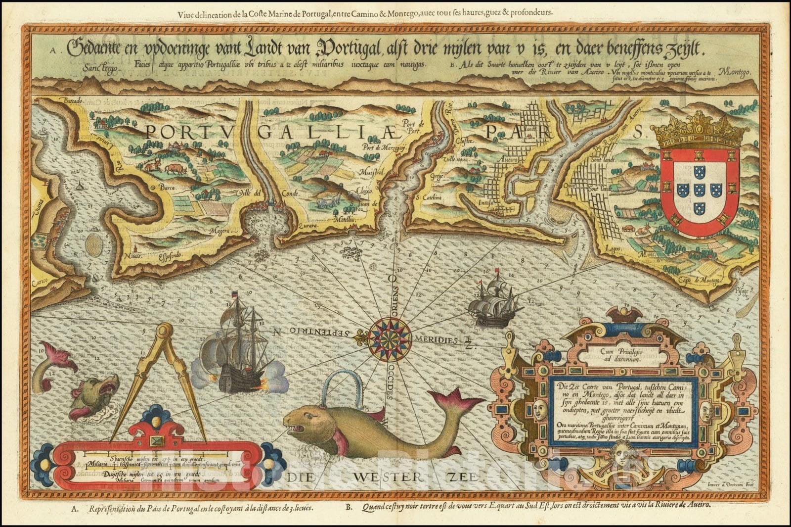 Historic Map : Die Zee Caerte van Portugal, tusschen Camino en Montego, alsoe dat landt all daer in Syin ghedaente,, 1583, Vintage Wall Art