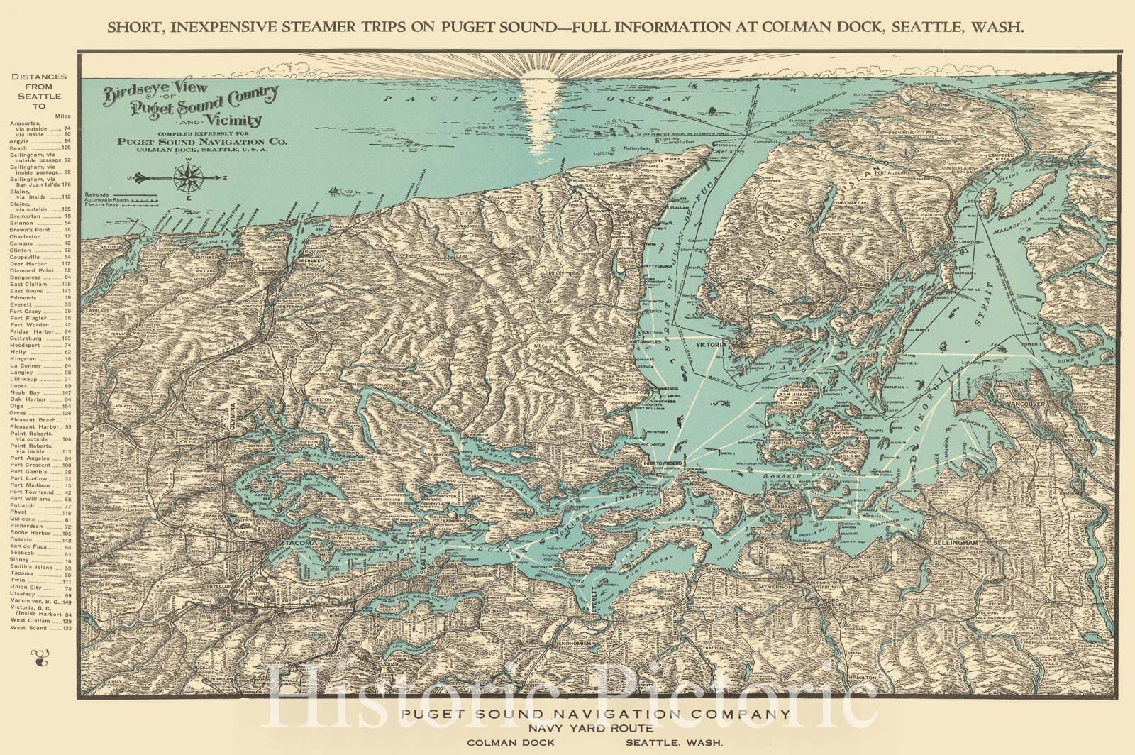 Historic Map : Birdseye View of Puget Sound and Vicinity compiled expressly for Puget Sound Navigation Co. Colman Dock, Seattle, U.S.A., 1910, Vintage Wall Art