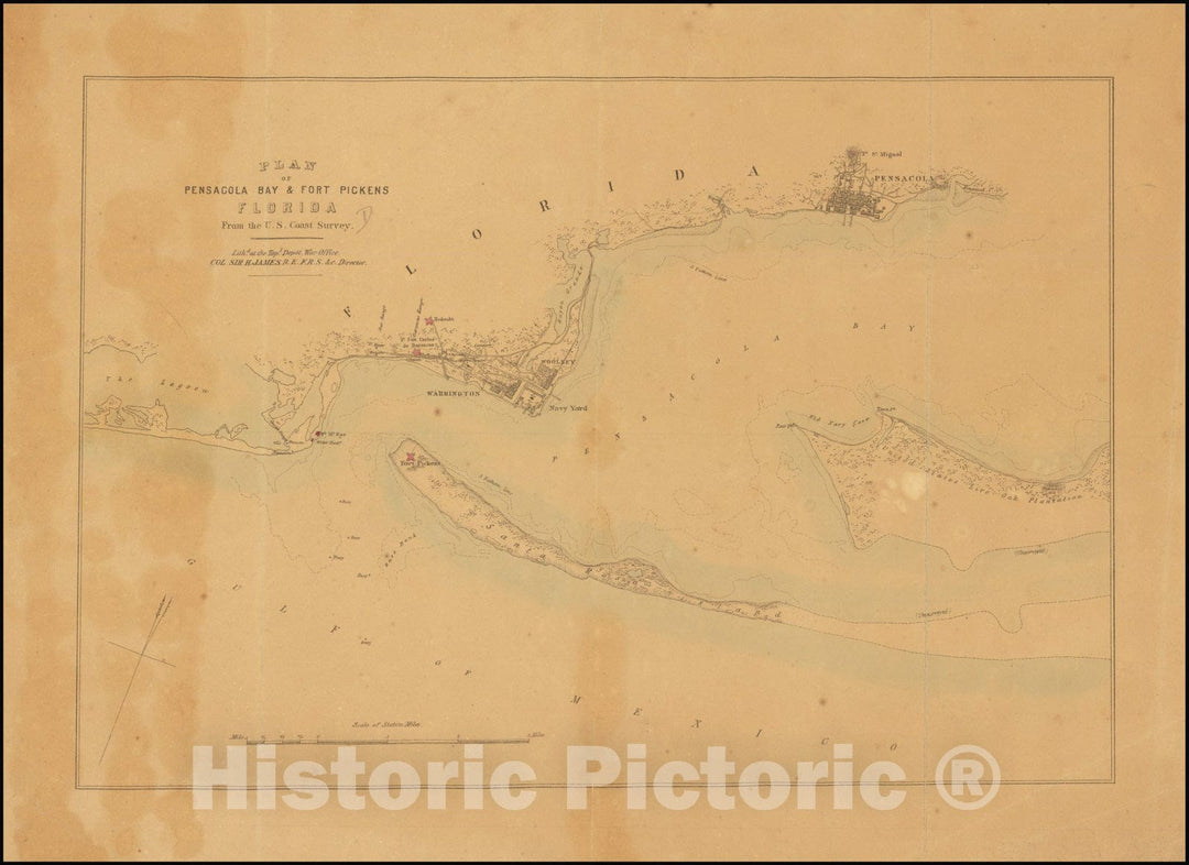 Historic Map : Plan of Pensacola Bay & Fort Pickens Florida From the U.S. Coast Survey., 1861, Vintage Wall Art