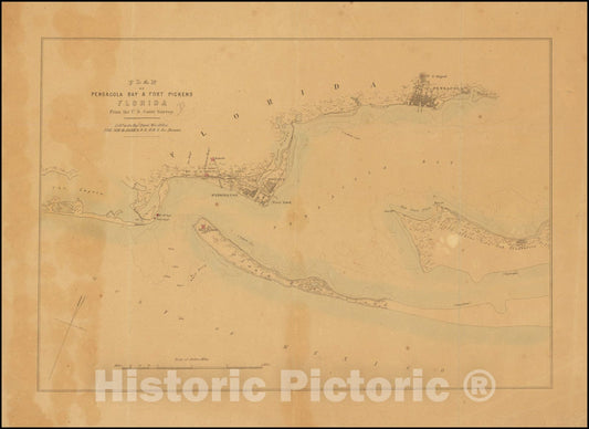 Historic Map : Plan of Pensacola Bay & Fort Pickens Florida From the U.S. Coast Survey., 1861, Vintage Wall Art