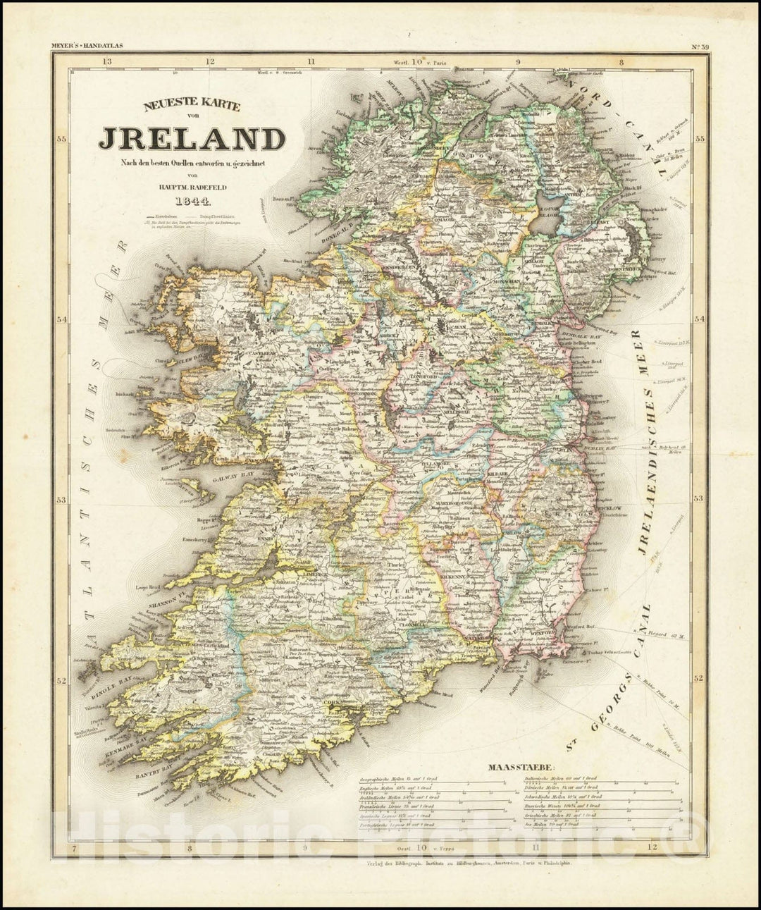 Historic Map : Neueste Karte von Jreland , 1844, 1844, Vintage Wall Art