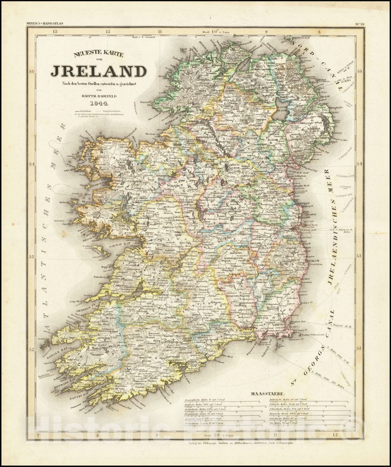 Historic Map : Neueste Karte von Jreland , 1844, 1844, Vintage Wall Art