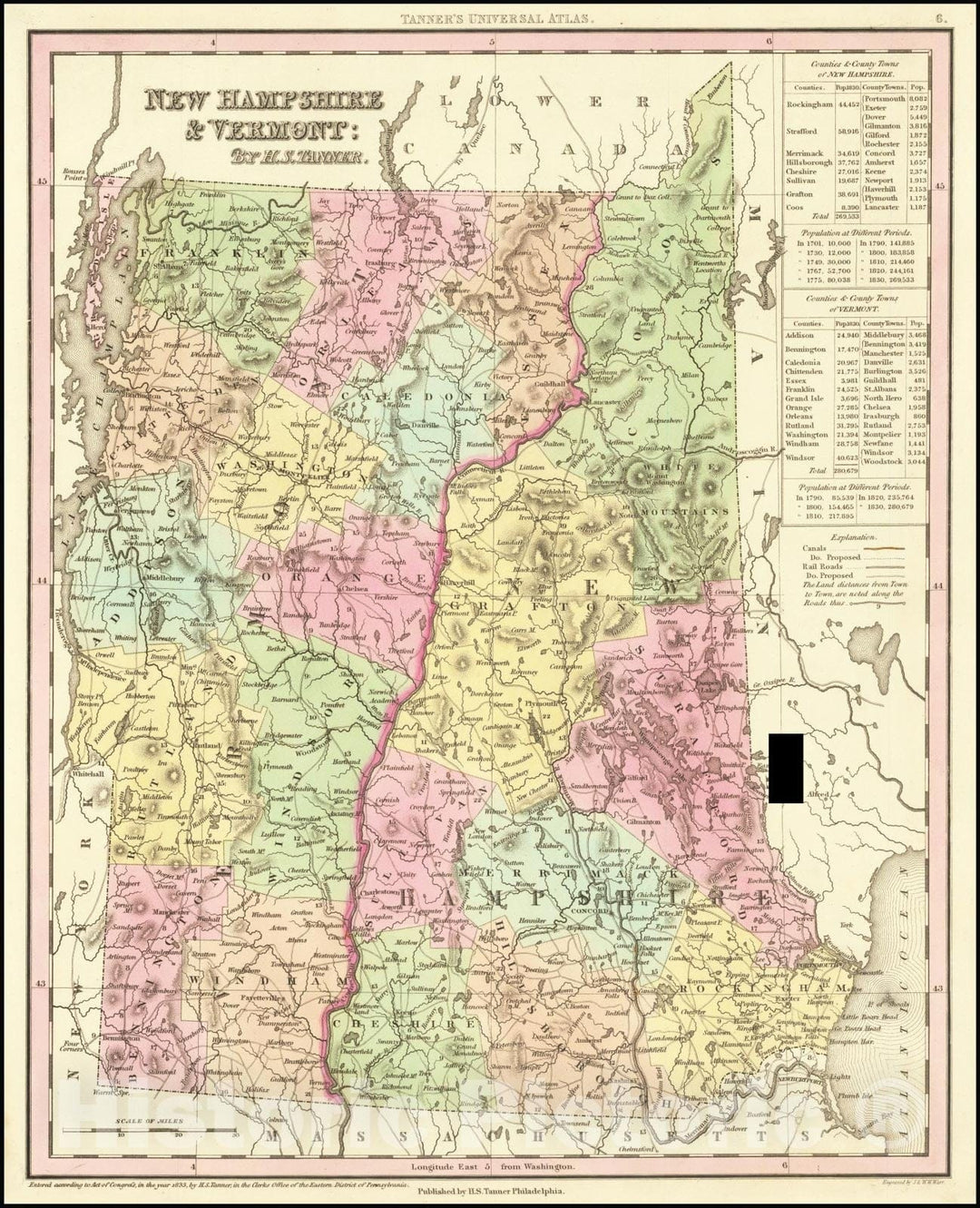 Historic Map : New Hampshire & Vermont:By H.S. Tanner, 1836, Vintage Wall Art