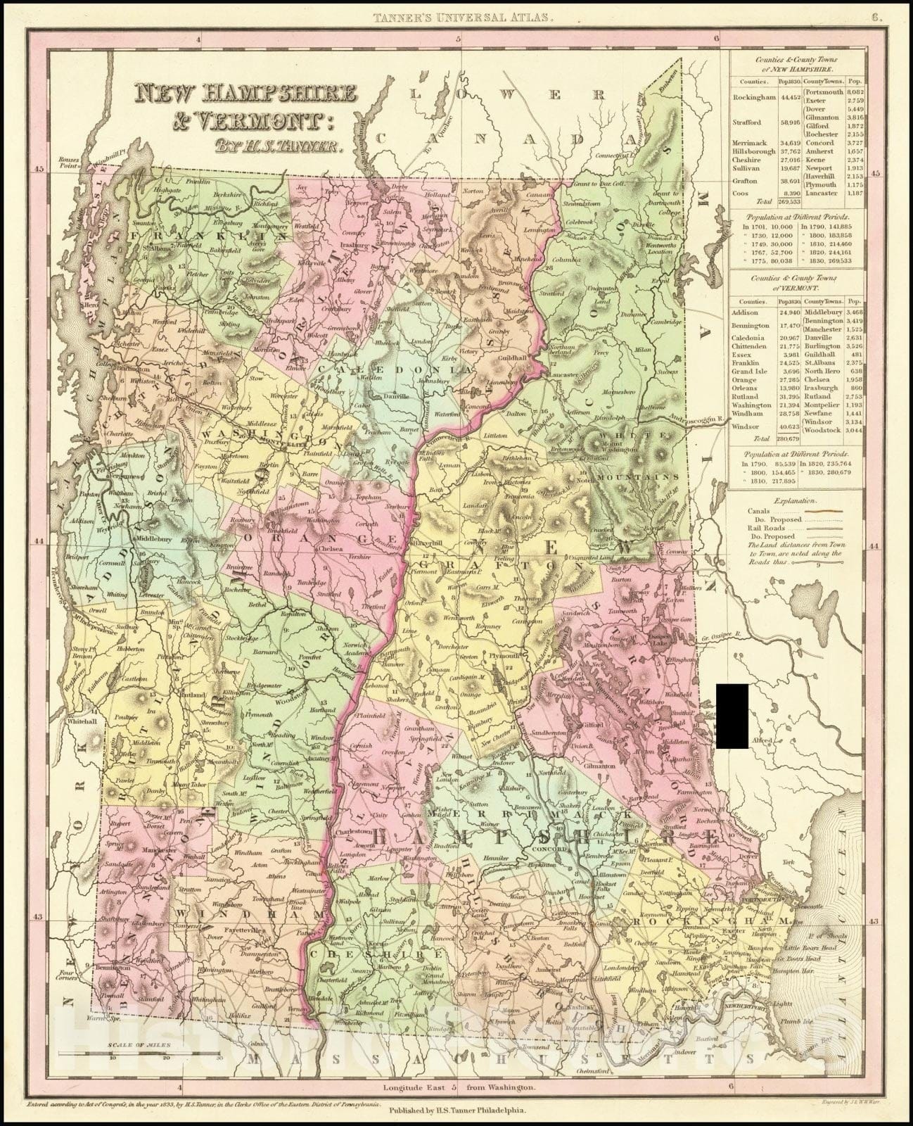 Historic Map : New Hampshire & Vermont:By H.S. Tanner, 1836, Vintage Wall Art